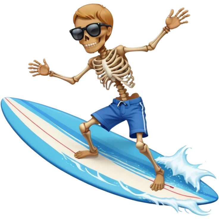 Skeleton with sunglasses and a white shirt and blue shorts surfing on the water  emoji