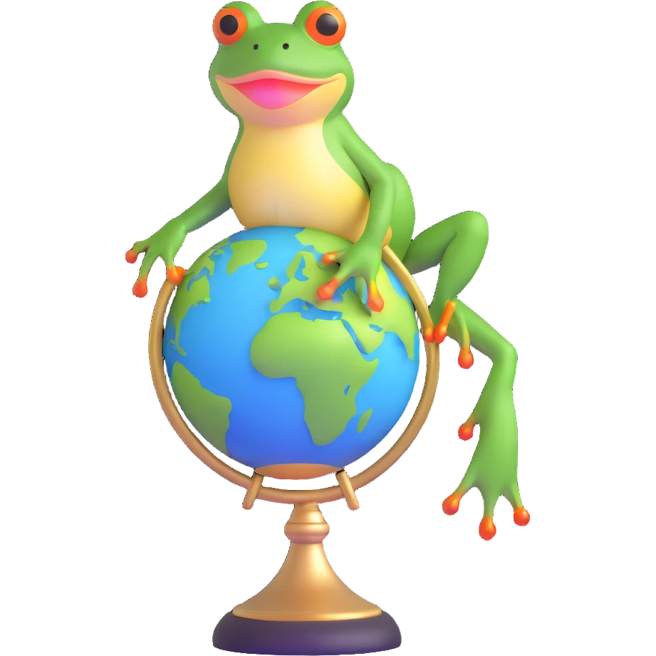glamorous frog in a choker, standing on a globe emoji