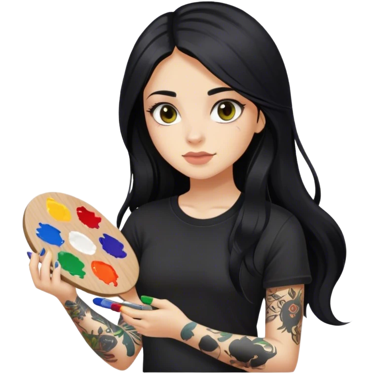 A girl with long black hair  light complexion and hazel eyes and black tattoos on right arm holding a paint palette  wearing black shirt emoji