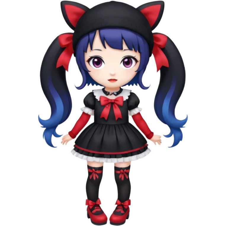 Chibi kawaii Kuromi, violet eyes, black-blue twin tails, red ribbons, red beanie, black & white lolita dress with red accents, white thigh-highs, black mary janes, cute aesthetic. emoji