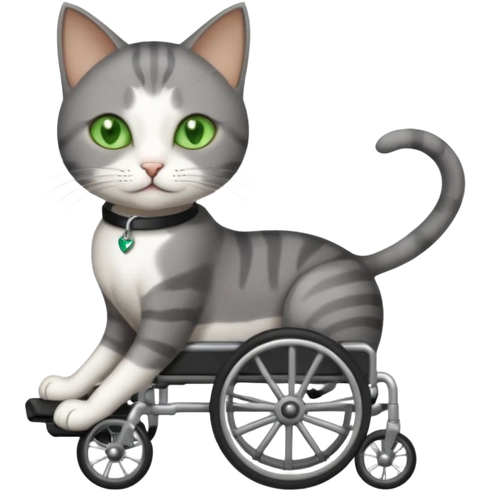 full body small short hair dark grey and white cat with green eyes walking in a wheelchair for cats emoji