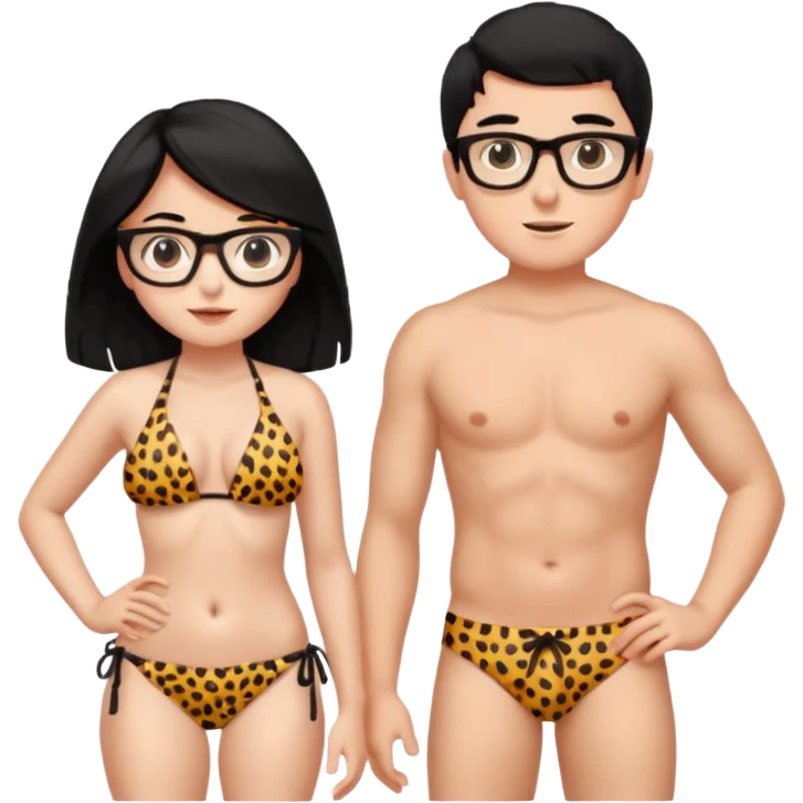 black haired girl with big boobs wearing a cheetah print bikini standing with a boy with black hair wearing glasses and shirt less emoji