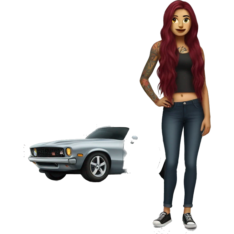 Beautiful tattooed burgundy long haired woman standing next to a car emoji