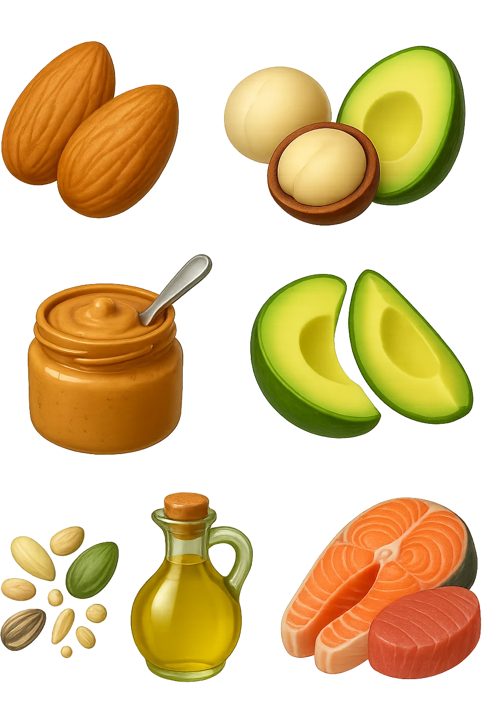 EMOJI STILE IPHONE DI
Frutta secca (mandorle, noci macadamia)
Burro di frutta secca (es. burro di arachidi)
Avocado (in piccole porzioni)
Semi
Olio extravergine d’oliva
Pesce grasso (salmone, tonno)
, fluttuano in aria REALISTICA 4K emoji