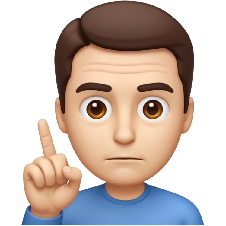 iOS-style 3D emoji: a person with slightly furrowed eyebrows, serious expression, head tilted forward, index finger raised and wagging, with motion lines around the finger to show movement emoji