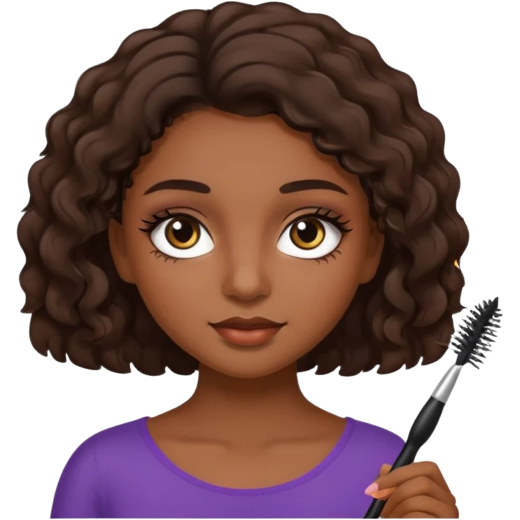 Garota parda de cabelos ondulados castanhos escuros curto aplicando máscara de cílios emoji