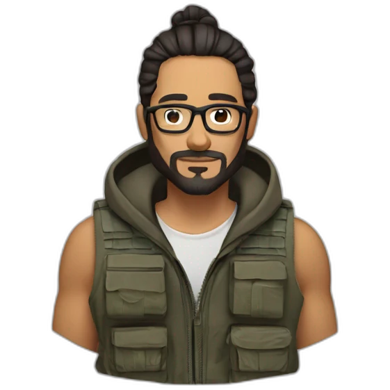Man with a man bun,beard, and glasses. Has a tactical vest on and a hoodie. They are a Native Mexican American  emoji