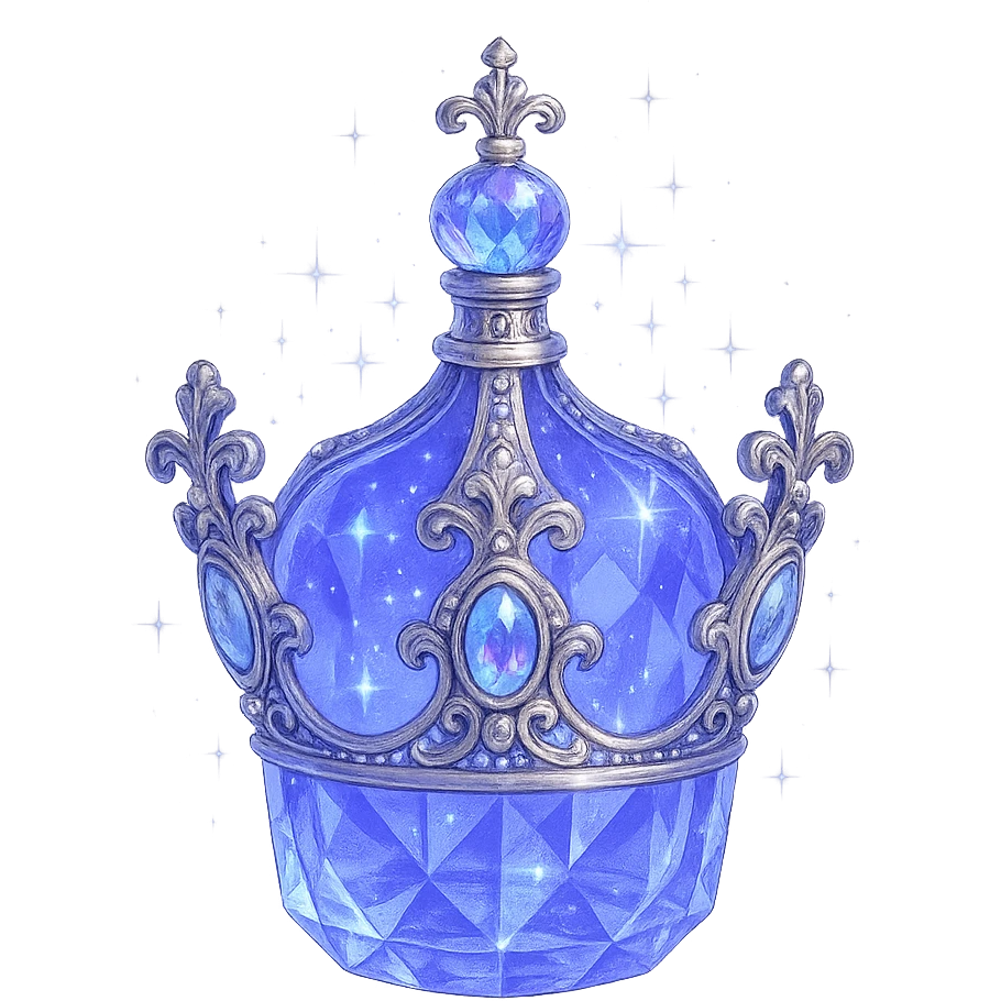 luxurious crystal elixir bottle in small crown shape, color #7986cb crown color, ornate silver and iridescent details, magical glowing and sparkling effects, very small neck, seamless bottom, transparent background, bottle clearly floating in air, no base or shadow, modern, collection style emoji