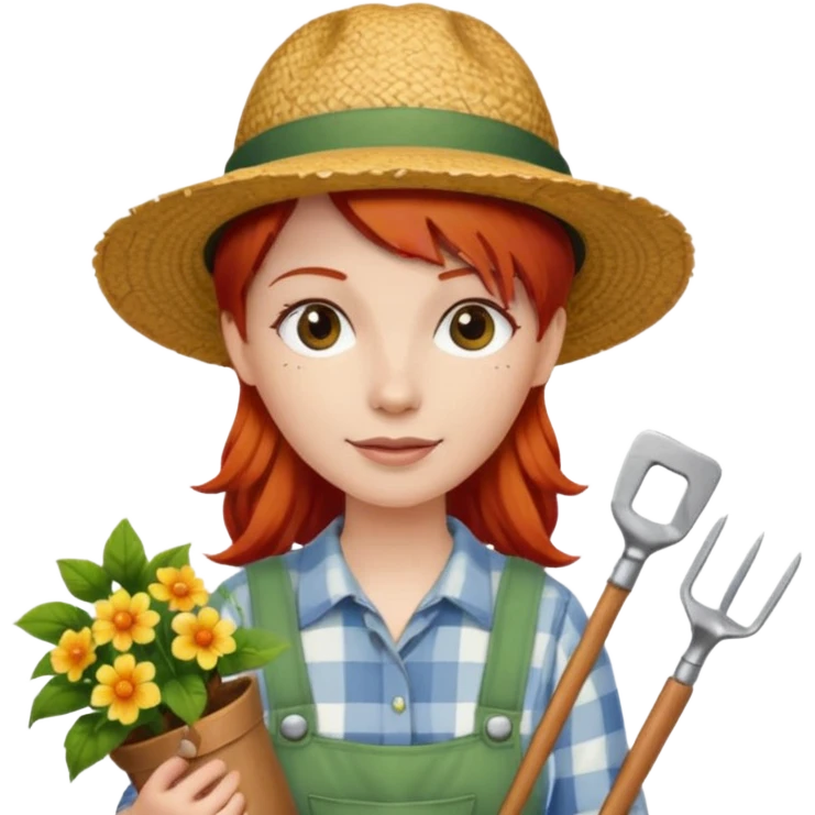 red hair gardener holding gardening tools, with hat emoji
