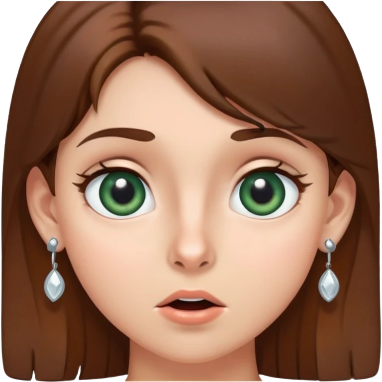 girl with gray-green eyes, brown hair, earrings, mole on cheek, surprised emotion emoji