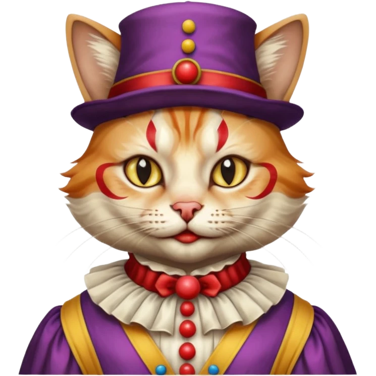 Renaissance painting style cat with clown makeup and attire emoji
