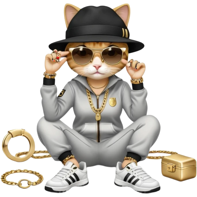 female cat dressed like Run DMC in tracksuit, fedora, Adidas shoes, dark sunglasses, lots of gold chains, rings, bracelets, earrings, lying on the ground after falling, worried look emoji