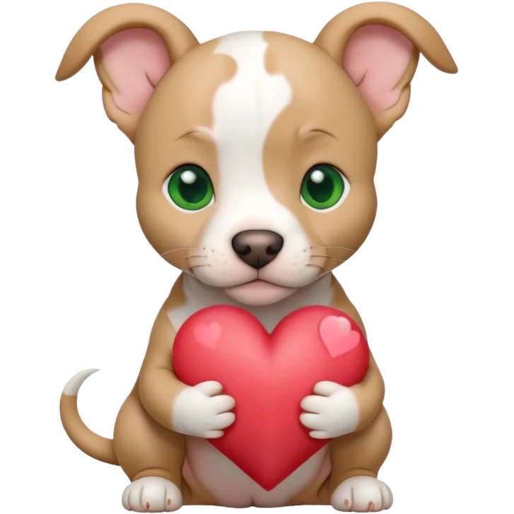 White and tan pitbull puppy with green eyes and cropped ears holding a heart emoji
