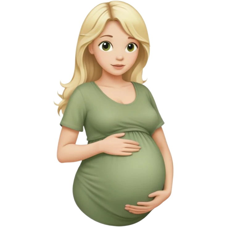 Beautiful Pregnant woman belly blonde with long hair sage green top emoji
