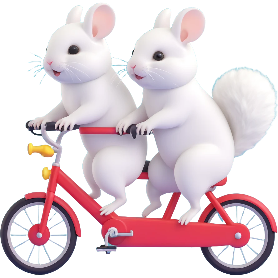 two white fluffy chinchillas riding together on a two-seater bike, cute and playful, clear details emoji