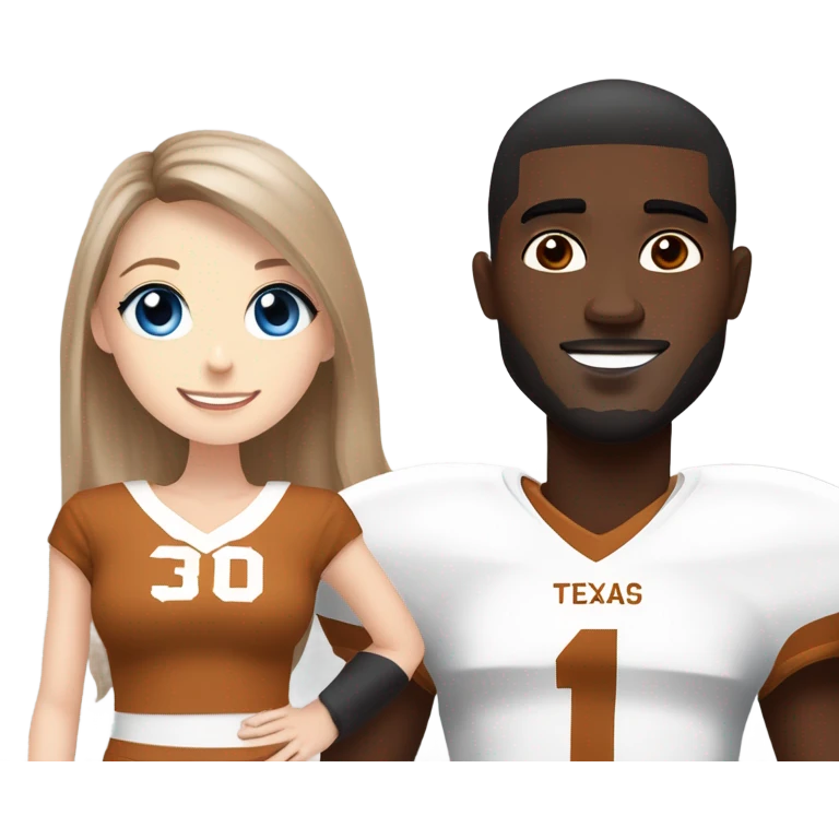Beautiful girl, pale skin, blue eyes, long straight beautiful light brown hair, wearing Texas Longhorn football cheerleading uniform, standing next to one handsome black man with short black hair wearing Texas longhorn football jersey emoji
