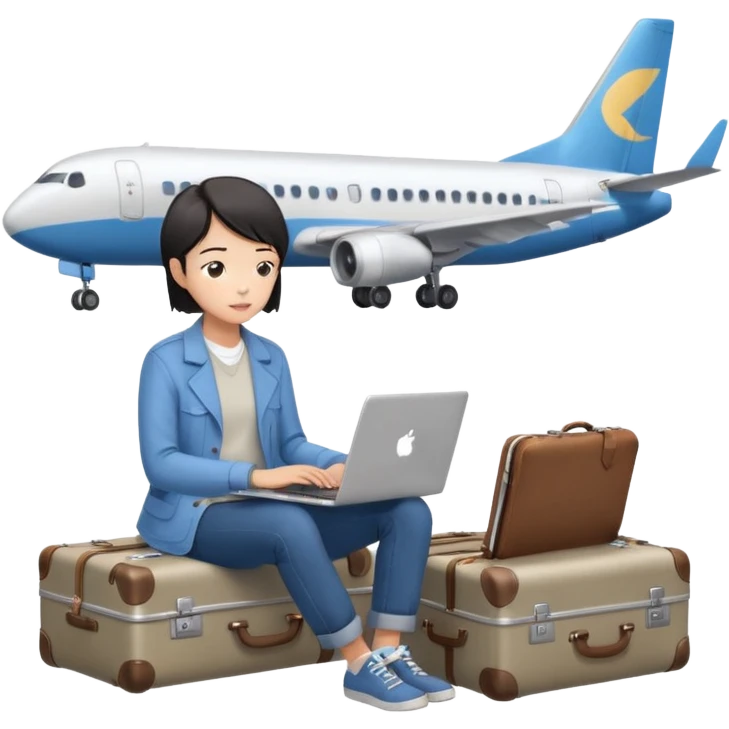 페르소나 요약 : 교환학생을 준비하는 대학생. 동양인 중성 20대의 상반신, 캐주얼한 옷을 입은 채 노트북을 보고 있으며 옆 한켠에는 캐리어가 함께 준비되어 있어요. 머리 위에 생각풍선으로 비행기를 떠올리고 있어요 emoji