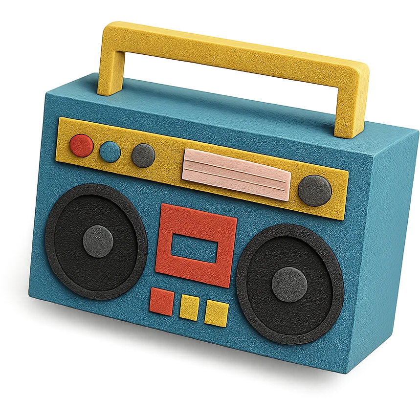 angled view of a paper-craft style boombox with extra details like buttons and speakers emoji