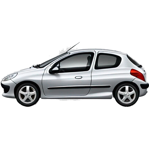 A Peugeot 206 car with 4 doors in light grey color with tinted window and white wheel rims emoji