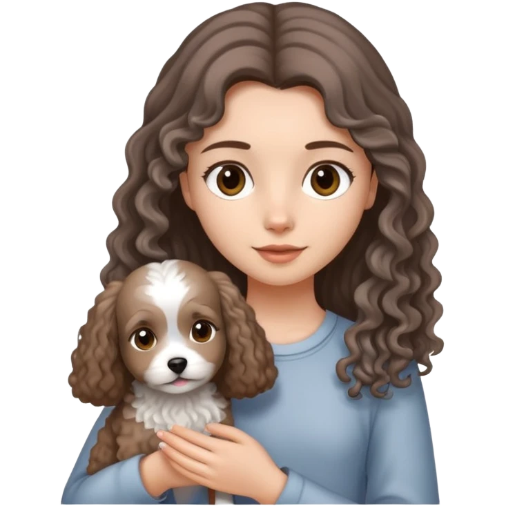 A girl with long straight hair holding a small light gray curly-haired dog emoji