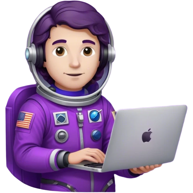 white guy astronaut with purple suit, long ombre black/brown wavy hair and one macbook emoji