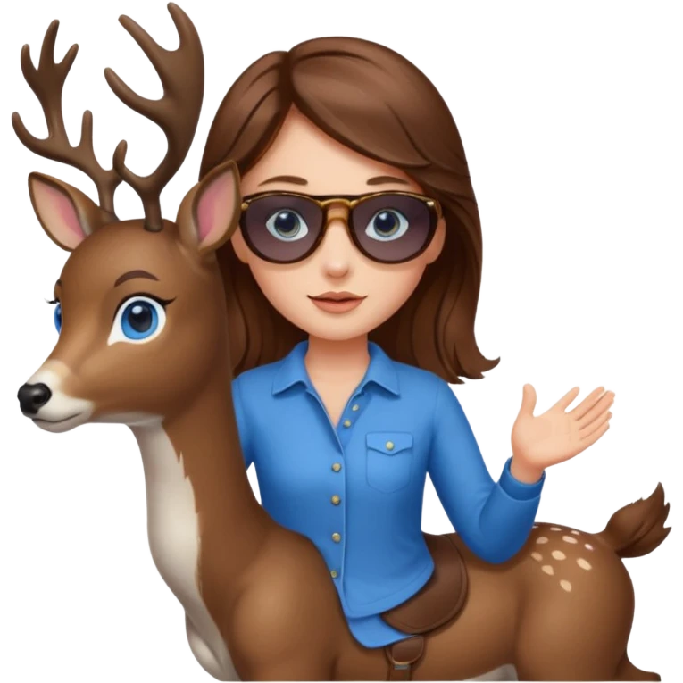 Brown hair blue eyed girl riding a deer with sunglasses emoji