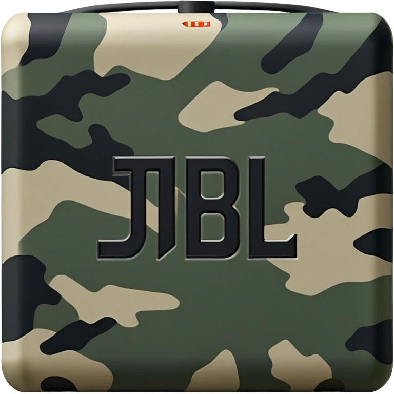 Minimalist JBL Go 4 portable speaker with military camouflage pattern, simple clean design, rectangular shape, subtle JBL logo emoji