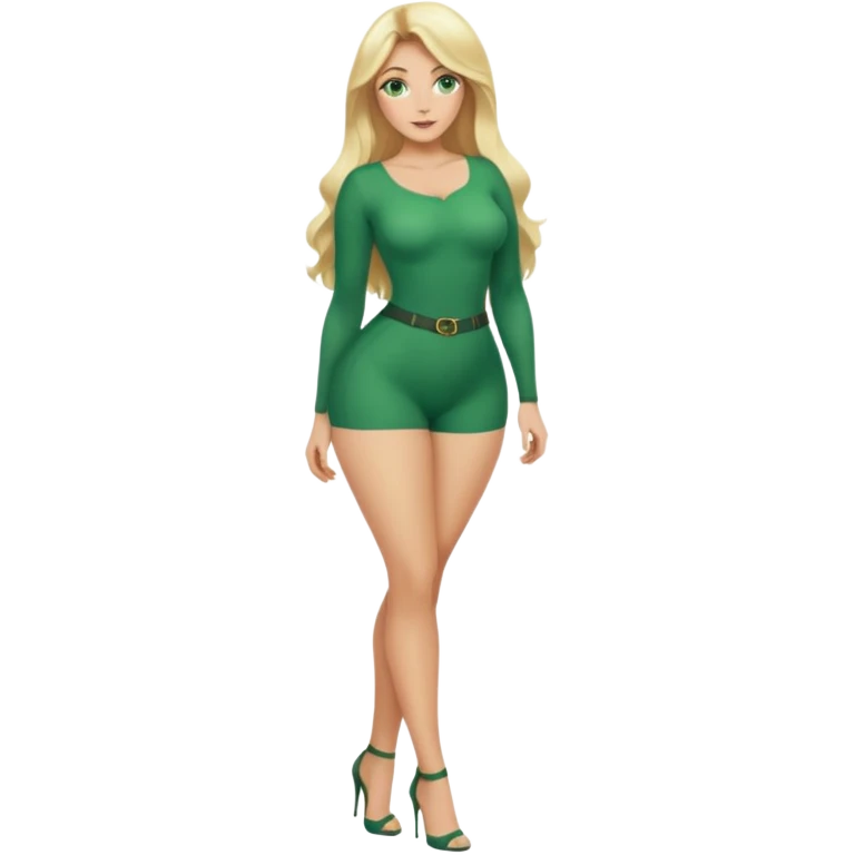 Blonde, green eyed woman with long  hair. She is curvy with a big butt and small breast. She is in sexy clothes nude and full body exposed. She has nice long legs. She is doing sexy pose emoji