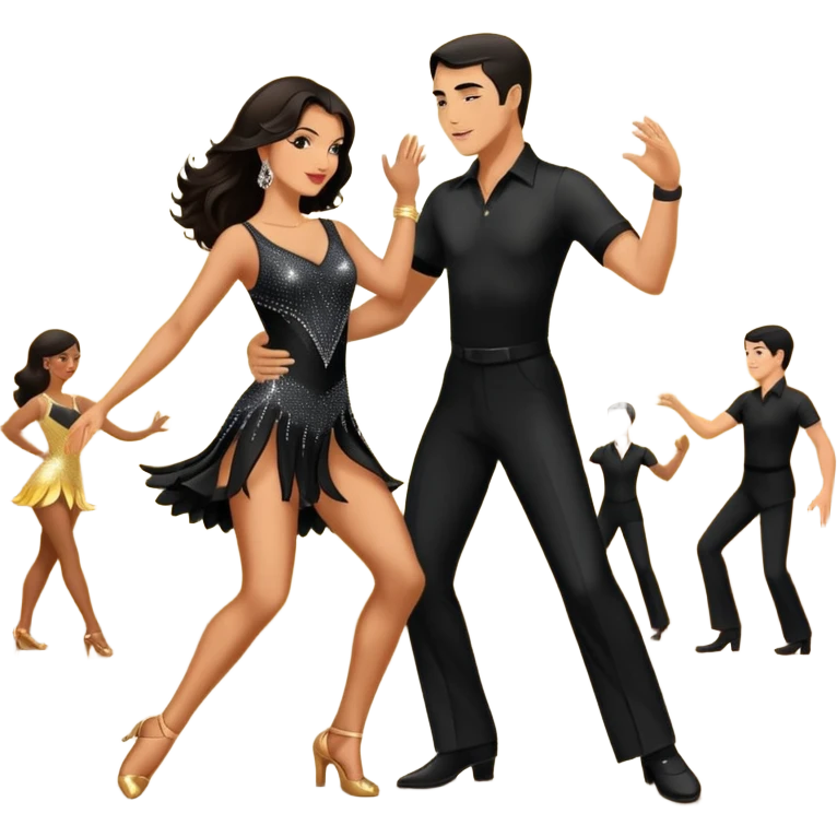 Photorealistic dancesport professional latin couple dancing the samba at the competition dancefloor, the women is in skinny short sparkly dress, the man is in black shirt and black classic pants, the women has brown long hair, the man has short black hair  emoji
