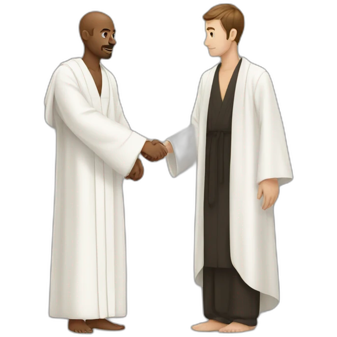 2 men in white robe giving a hand emoji