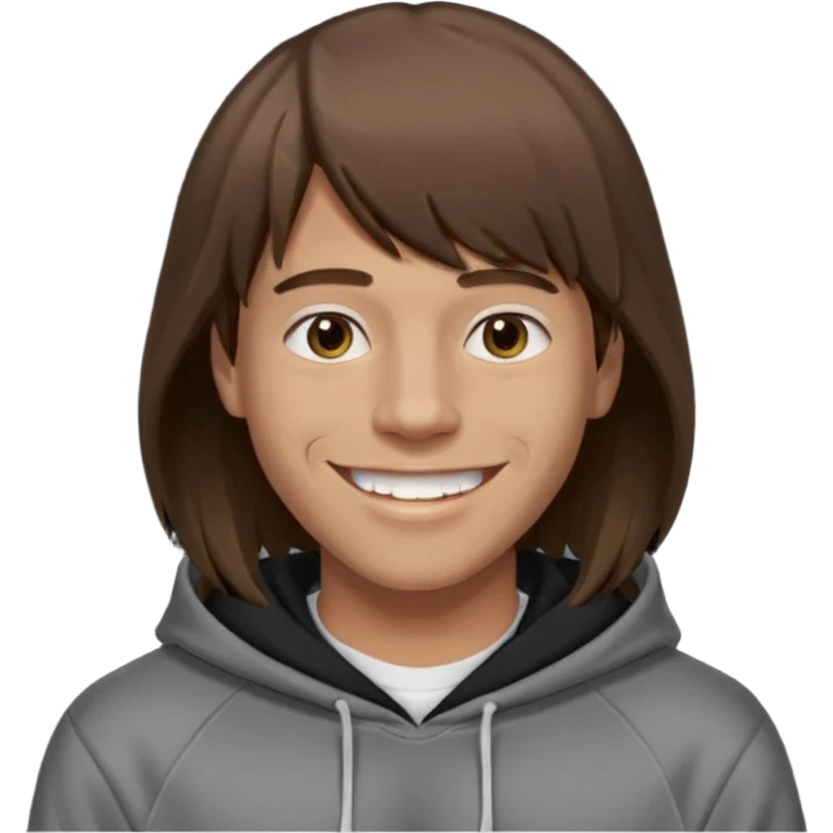 20 yr old man, brown hair, straight, big smile, white teeth, tanned skin, bangs, black hooded sweatshirt, long hair in back, middle parted bangs emoji