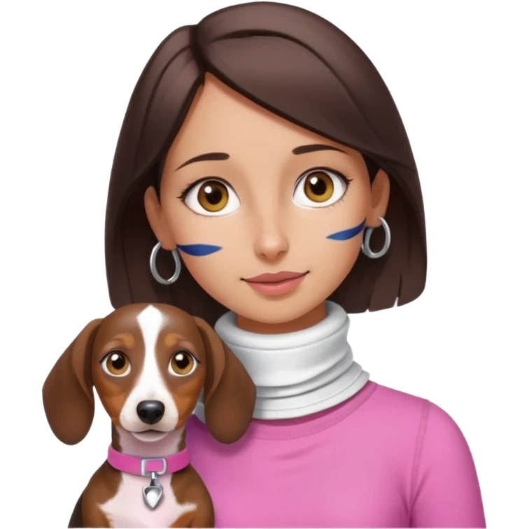 a brunette girl, olive skin, hazel eyes, pink top, neck brace on her neck because she’s injured , piebald dachshund next to her only brown and white emoji