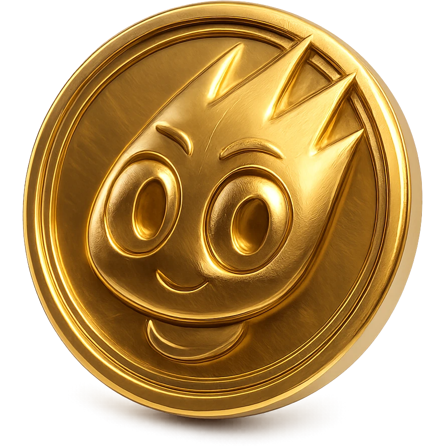 Create a gold flat token featuring the mascot head from the provided image. The head should be pink, identical in style and detail to the reference, centered, with no shadows, and on a transparent background. emoji