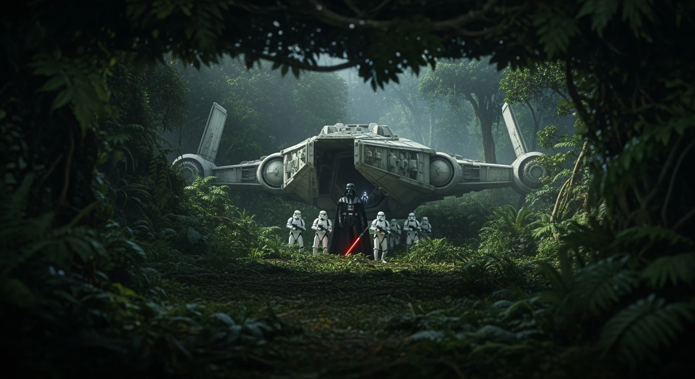cinematic still, Closeup shot, amazon jungle,  blurred plants in the foreground (frame within a frame), Darth Vader around stormtroopers coming out from starship on ground, they are exploring the jungle, inspired by StarWars movie, captured by arri alexa emoji