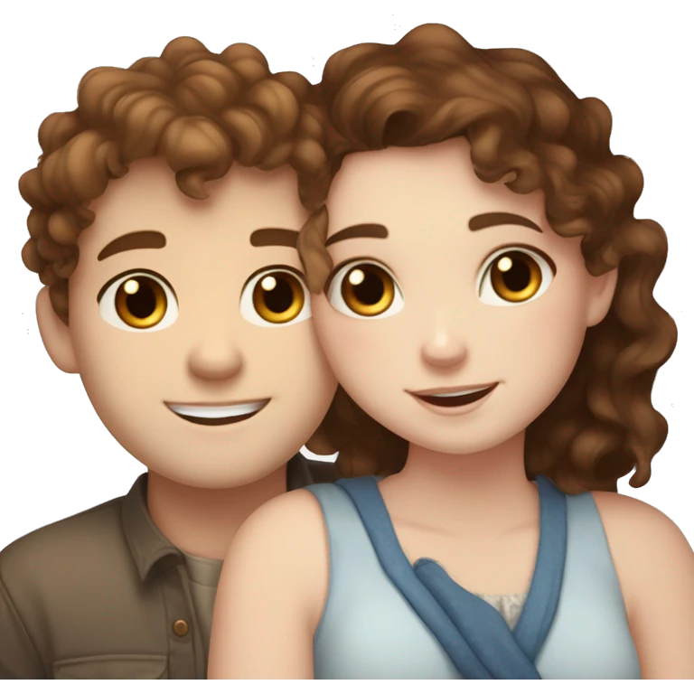 Cute chubby Girl with brown curly hair and blue eyes and pale skin with freckles hugging a tall handsome boy with brown hair brown eyes and white skin emoji