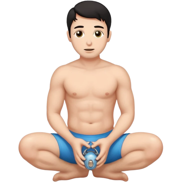 Submissive dark haired man on his knees wearing a chastity cage on his little penis emoji