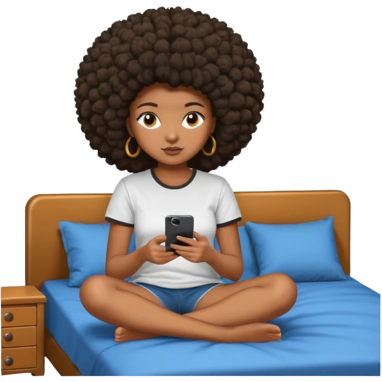 a slim thick black girl sitting on her bed with a big afroon her phone emoji