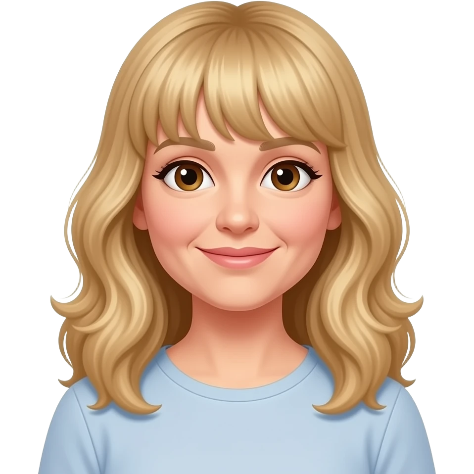 Standing Middle age Lady, round face, wavy long length golden blond hair with bangs, big brown eyes ,medium built emoji