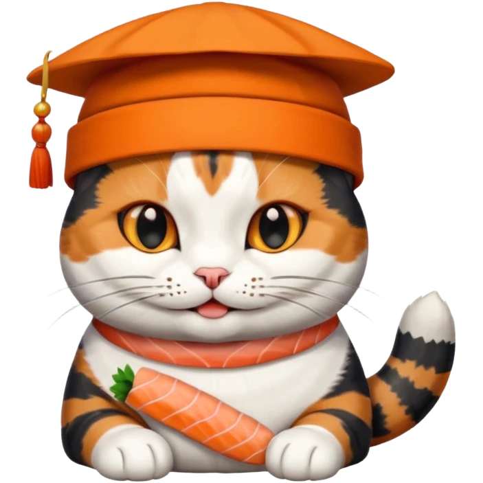 happy cat wearing a hat made out of sushi pieces emoji