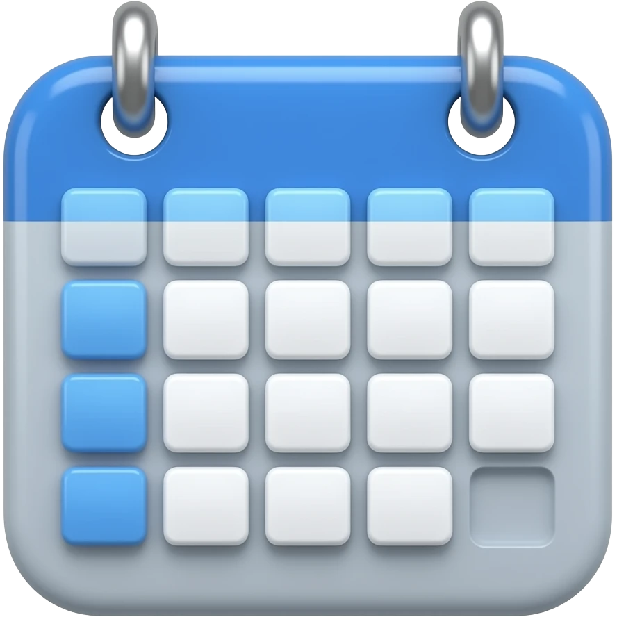 Create a 3D emoji icon of a calendar with no numbers, text, or dates — use square shapes resembling a table instead of dots or lines. Color palette: Deep blue (#00008B), Sky blue (#87CEEB), Sky white (#F5F5F5), Coastal grey (#808080). shadows 3D effect, clean, modern look. emoji
