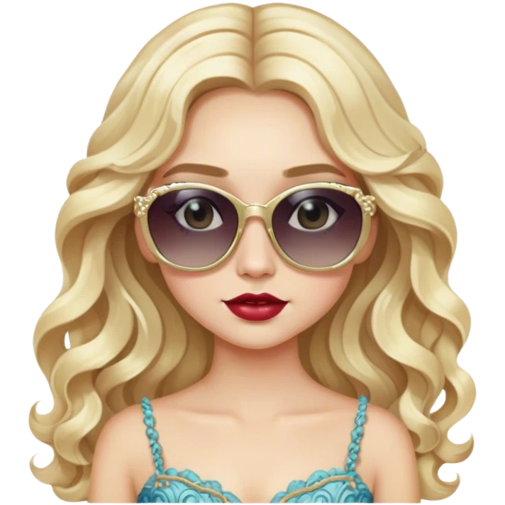 a pale blonde girl with elaborate makeup and dress, long wavy hair, wearing sunglasses, confident emoji