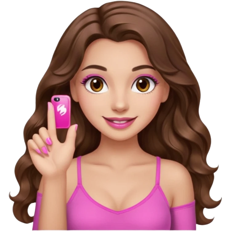 girl with long wavy brown hair, brown eyes, long lashes, sexy pink lips, light to medium complexion, wearing a pink sexy top, smiling, finger tips touching emoji