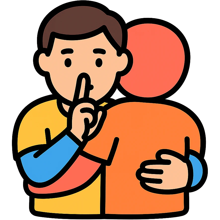 man hugging another person while making a quiet sign emoji