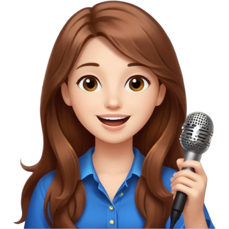 Beautiful Girl with long brown hair singing karaoke funny light blue aesthetic background with lights emoji