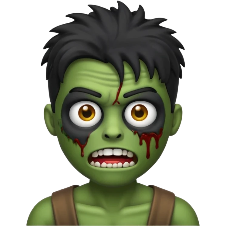 Quero um emoji de zumbi masculino, com cabelo preto, estilo desenho 3D como emoji, na mesma pose com as mãos levantadas para frente, expressão de zumbi com boca aberta e olhos meio caídos, pele verde acinzentada e roupa rasgada emoji
