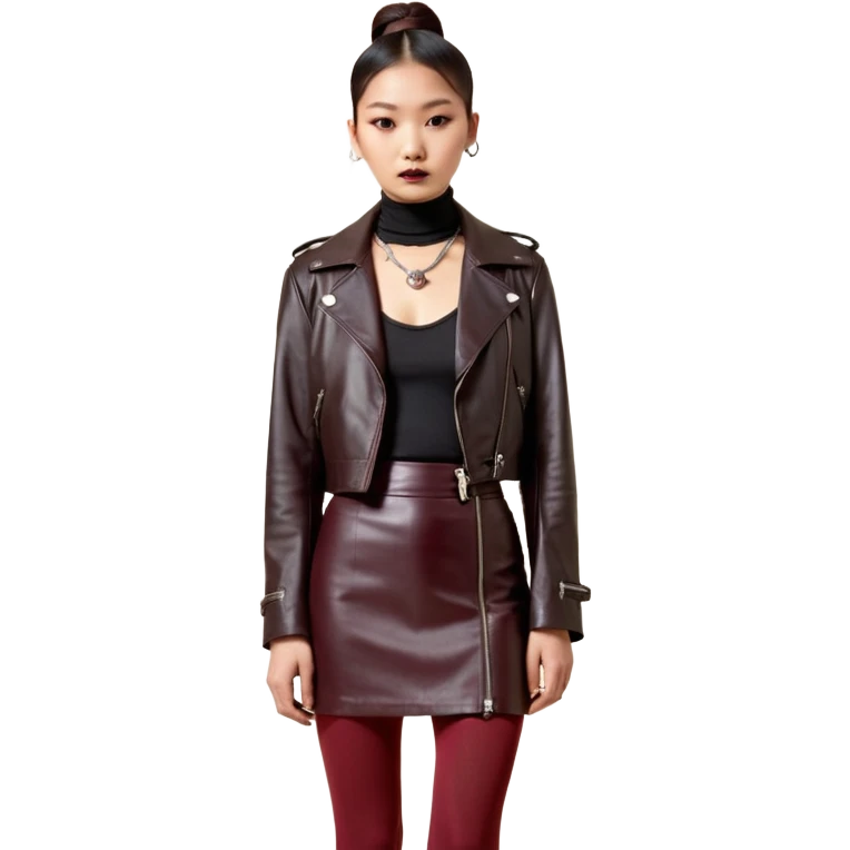 Apple emoji style. Full-body East Asian woman with a single sleek bun below the ears. Oversized hip-length black leather jacket, black turtleneck, silver Vivienne Westwood orb necklace. Low-waist A-line burgundy leather skirt, burgundy tights, red long boots. emoji