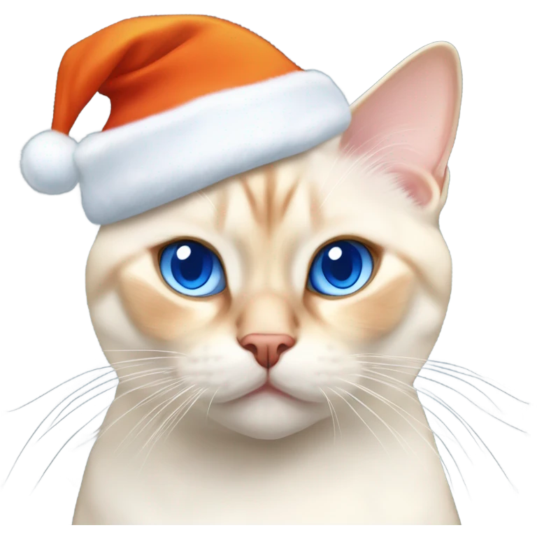 chubby fat flame point Siamese, white fur with orange accents and blue eyes wearing a red christmas hat  emoji