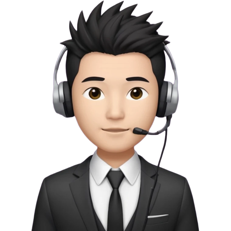 asian man headset suit face only spikey hair in front dark hair gay shirt emoji