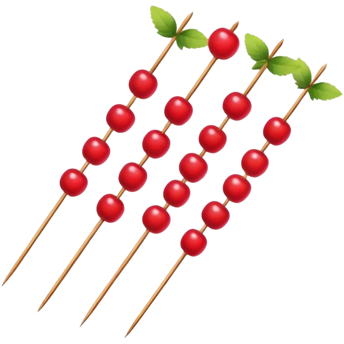 Northeast China candied hawthorn sticks tanghulu bright red fruits on skewer, simplified emoji style with bold outlines and bright colors, cartoon style sugar-coated berries emoji