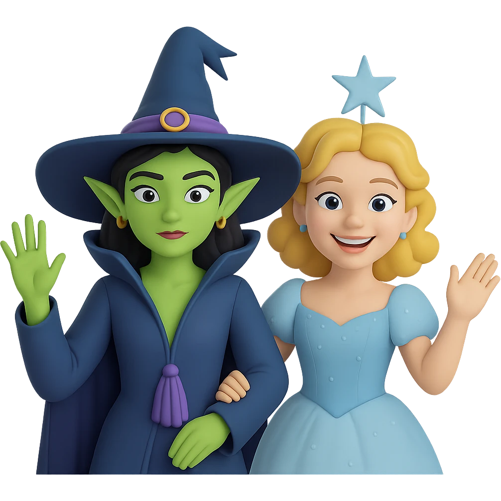 Add Glinda beside Elphaba, both in the Ozdust Ballroom scene, Glinda smiling. The style should resemble 3D emoji style with transparent background. emoji